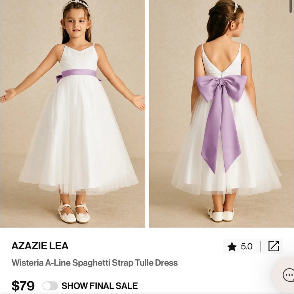 Azazie Wisteria A-Line Flower Girl Dress with Lavender Bow Sizes 7 and 3T